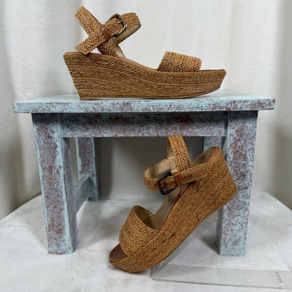 Stuart Weitzman Barbados Wedge Sandals Women 5.5 Tan Woven Platform Ankle Strap - Picture 2 of 11